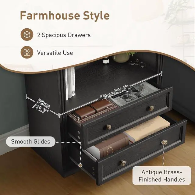 Alt view image 5 of 6 - Farmhouse Arched Bookshelf, 7 Tiers Arch Bookcase with 2 Spacious Drawers, Modern Book Shelf with Open Display Shelves and Storage Cabinet, for Office, Living Room, Kitchen, Black