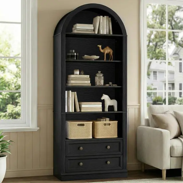 Alt view image 6 of 6 - Farmhouse Arched Bookshelf, 7 Tiers Arch Bookcase with 2 Spacious Drawers, Modern Book Shelf with Open Display Shelves and Storage Cabinet, for Office, Living Room, Kitchen, Black