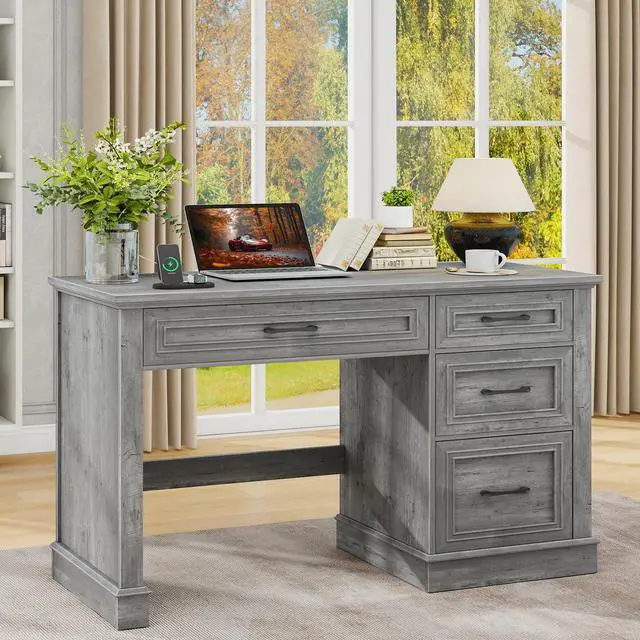 Main image of Farmhouse 47" Executive Desk, Computer Desk with Drawers and File Drawer, Workstation Computer Desk with Charging Station for Home Office,Study,Grey