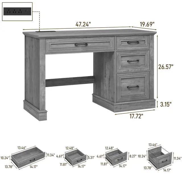 Alt view image 2 of 6 - Farmhouse 47" Executive Desk, Computer Desk with Drawers and File Drawer, Workstation Computer Desk with Charging Station for Home Office,Study,Grey