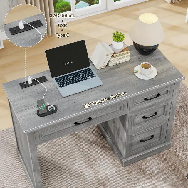 Alt view image 5 of 6 - Farmhouse 47" Executive Desk, Computer Desk with Drawers and File Drawer, Workstation Computer Desk with Charging Station for Home Office,Study,Grey