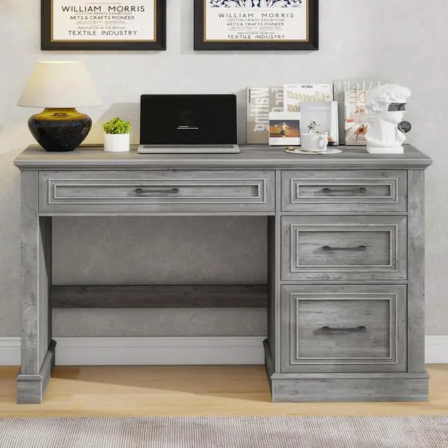 Alt view image 6 of 6 - Farmhouse 47" Executive Desk, Computer Desk with Drawers and File Drawer, Workstation Computer Desk with Charging Station for Home Office,Study,Grey