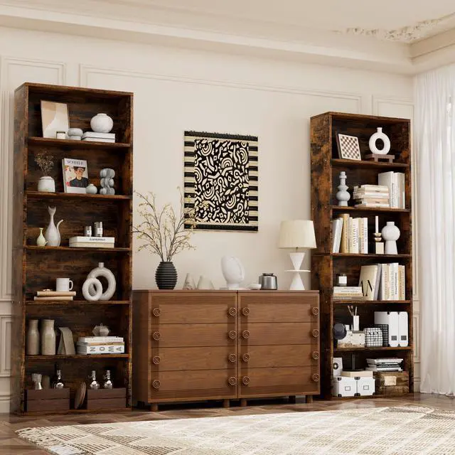 Main image of Narrow Tall Bookshelf 6 Shelf Bookcase Vertical Storage, Slim Profile Tall Narrow Storage Unit for Home Office, Living Room, Bedroom, Vintage Brown, Set of 2