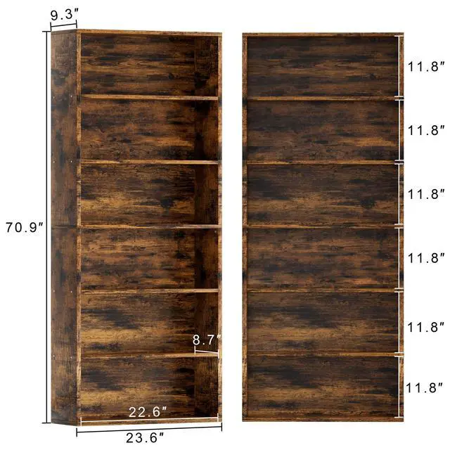 Alt view image 2 of 6 - Narrow Tall Bookshelf 6 Shelf Bookcase Vertical Storage, Slim Profile Tall Narrow Storage Unit for Home Office, Living Room, Bedroom, Vintage Brown, Set of 2