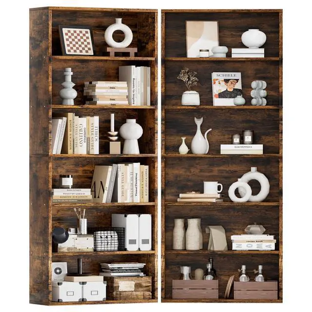 Alt view image 3 of 6 - Narrow Tall Bookshelf 6 Shelf Bookcase Vertical Storage, Slim Profile Tall Narrow Storage Unit for Home Office, Living Room, Bedroom, Vintage Brown, Set of 2