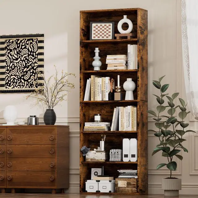 Alt view image 6 of 6 - Narrow Tall Bookshelf 6 Shelf Bookcase Vertical Storage, Slim Profile Tall Narrow Storage Unit for Home Office, Living Room, Bedroom, Vintage Brown, Set of 2