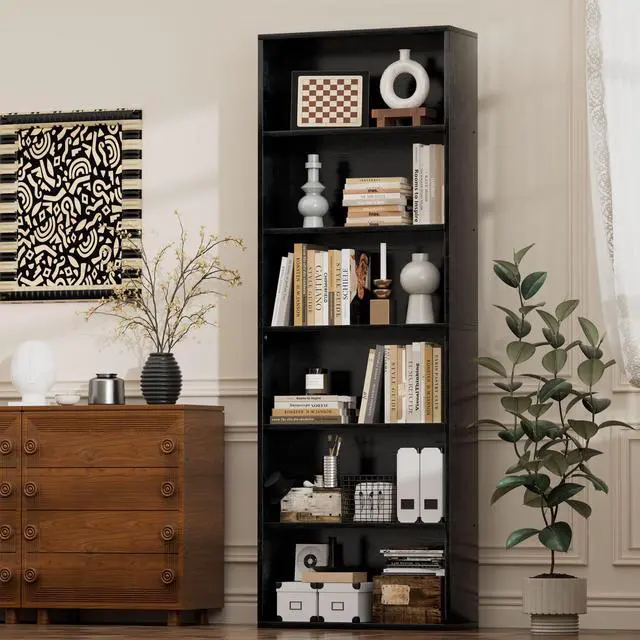 Main image of Narrow Tall Bookshelf 6 Shelf Bookcase Vertical Storage, Slim Profile Tall Narrow Storage Unit for Home Office, Living Room, Bedroom, Black
