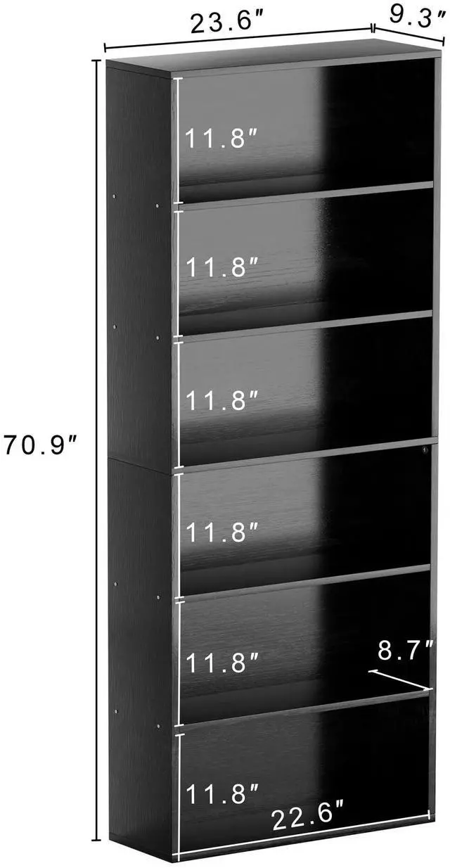Alt view image 2 of 6 - Narrow Tall Bookshelf 6 Shelf Bookcase Vertical Storage, Slim Profile Tall Narrow Storage Unit for Home Office, Living Room, Bedroom, Black