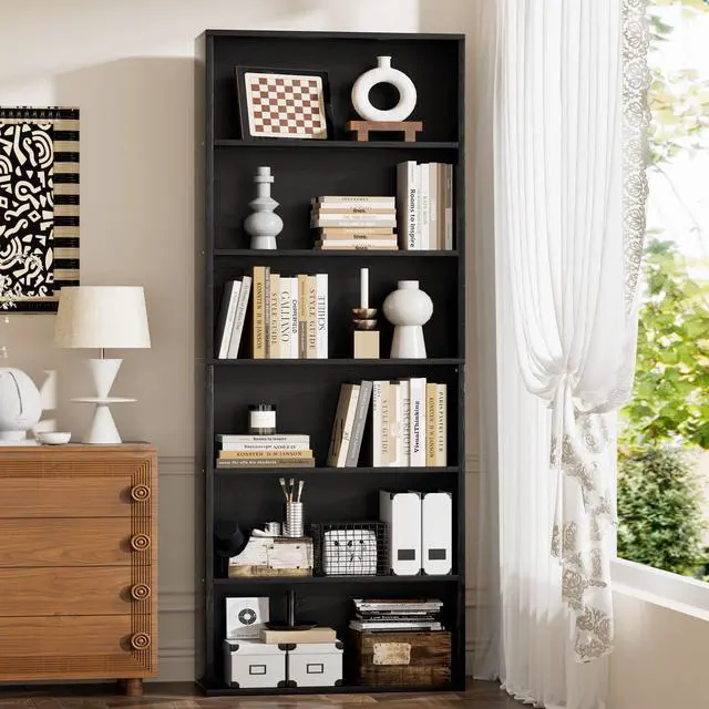Alt view image 4 of 6 - Narrow Tall Bookshelf 6 Shelf Bookcase Vertical Storage, Slim Profile Tall Narrow Storage Unit for Home Office, Living Room, Bedroom, Black