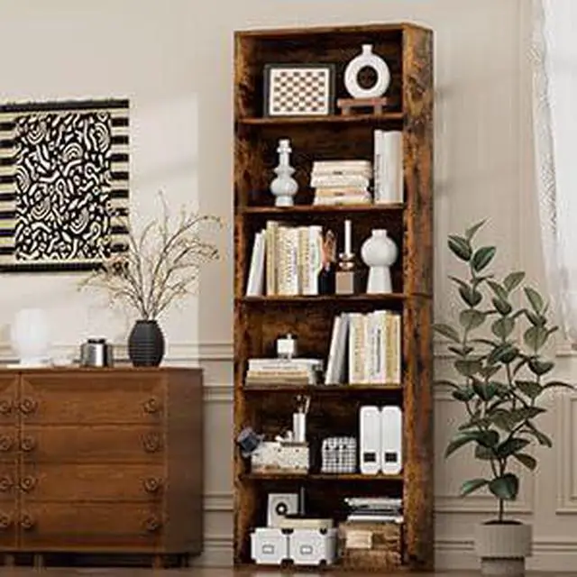 Main image of Narrow Tall Bookshelf 6 Shelf Bookcase Vertical Storage, Slim Profile Tall Narrow Storage Unit for Home Office, Living Room, Bedroom, Vintage Brown