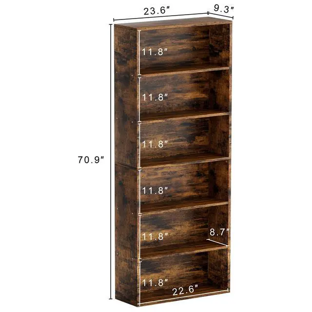 Alt view image 2 of 6 - Narrow Tall Bookshelf 6 Shelf Bookcase Vertical Storage, Slim Profile Tall Narrow Storage Unit for Home Office, Living Room, Bedroom, Vintage Brown