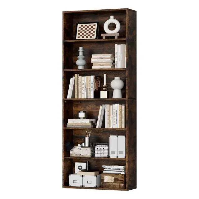 Alt view image 3 of 6 - Narrow Tall Bookshelf 6 Shelf Bookcase Vertical Storage, Slim Profile Tall Narrow Storage Unit for Home Office, Living Room, Bedroom, Vintage Brown