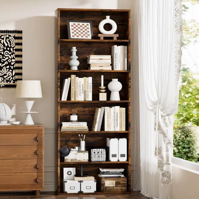 Alt view image 4 of 6 - Narrow Tall Bookshelf 6 Shelf Bookcase Vertical Storage, Slim Profile Tall Narrow Storage Unit for Home Office, Living Room, Bedroom, Vintage Brown