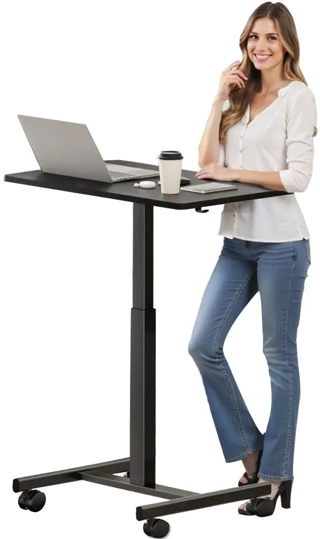 Main image of Mobile Small Standing Rolling Desk Adjustable Height, Portable Laptop Desk on Wheels, Workstation for Home Office with Hook,Black
