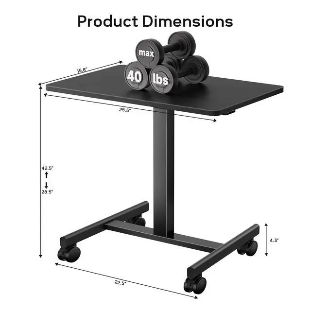Alt view image 3 of 6 - Mobile Small Standing Rolling Desk Adjustable Height, Portable Laptop Desk on Wheels, Workstation for Home Office with Hook,Black