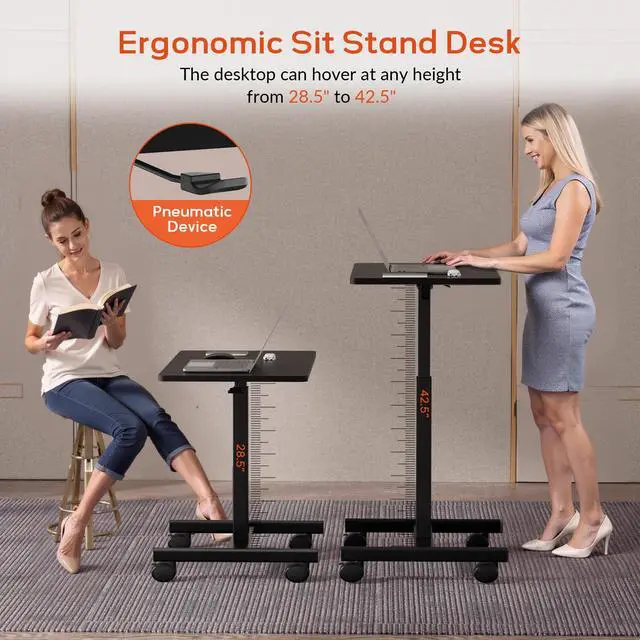 Alt view image 4 of 6 - Mobile Small Standing Rolling Desk Adjustable Height, Portable Laptop Desk on Wheels, Workstation for Home Office with Hook,Black