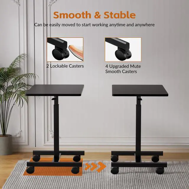 Alt view image 5 of 6 - Mobile Small Standing Rolling Desk Adjustable Height, Portable Laptop Desk on Wheels, Workstation for Home Office with Hook,Black