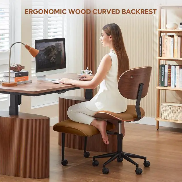 Alt view image 6 of 6 - Meditation Chair with Wider Bentwood Back Support, Ergonomic Cross Legged Office Chair for Adults up to 300 lbs, 360° Swivel Adjustable Height for Multi Position (Contemporary Bentwood, Brown)