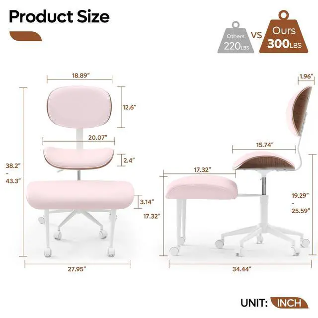 Alt view image 2 of 6 - Ergonomic Cross Legged Office Chair for Women, Meditation Chair with Wider Back Support for Adults, 360° Swivel Office Chair with Wheels, Adjustable Height for ADHD Girl Pink PU Leather