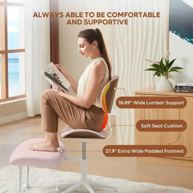 Alt view image 3 of 6 - Ergonomic Cross Legged Office Chair for Women, Meditation Chair with Wider Back Support for Adults, 360° Swivel Office Chair with Wheels, Adjustable Height for ADHD Girl Pink PU Leather