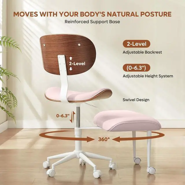 Alt view image 4 of 6 - Ergonomic Cross Legged Office Chair for Women, Meditation Chair with Wider Back Support for Adults, 360° Swivel Office Chair with Wheels, Adjustable Height for ADHD Girl Pink PU Leather
