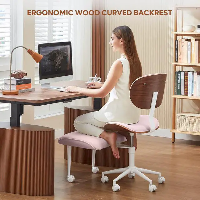 Alt view image 5 of 6 - Ergonomic Cross Legged Office Chair for Women, Meditation Chair with Wider Back Support for Adults, 360° Swivel Office Chair with Wheels, Adjustable Height for ADHD Girl Pink PU Leather