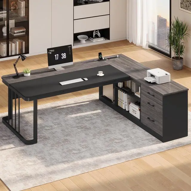 Alt view image 6 of 6 - 71" Executive Desk, Large Office Desk with Drawers & Storage Shelves, Modern L Shaped Computer Desk Corner Desk with Power Outlets, File Cabinet, Business Furniture Desk Workstation (Grey)
