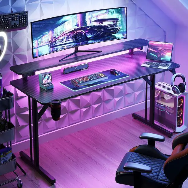 Alt view image 2 of 6 - 47 Inch Gaming Desk with LED Lights, Computer Desk Gaming Table with Monitor Shelf, Gamer Desk with Carbon Fiber Texture, Kids Boys Desk Gift for Men