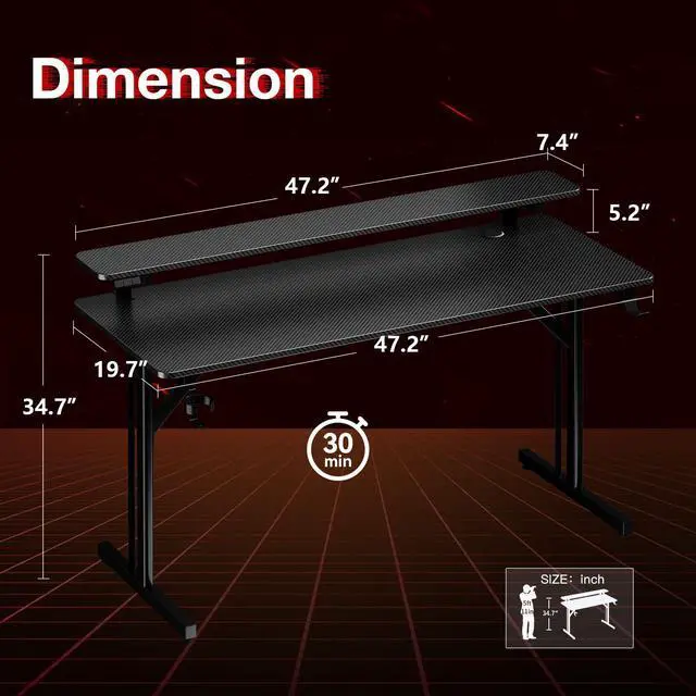Alt view image 3 of 6 - 47 Inch Gaming Desk with LED Lights, Computer Desk Gaming Table with Monitor Shelf, Gamer Desk with Carbon Fiber Texture, Kids Boys Desk Gift for Men