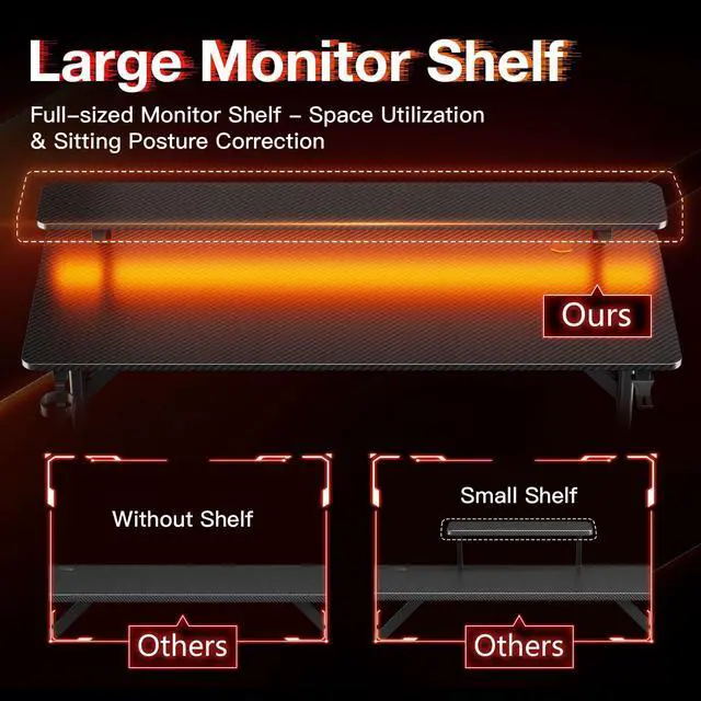 Alt view image 4 of 6 - 47 Inch Gaming Desk with LED Lights, Computer Desk Gaming Table with Monitor Shelf, Gamer Desk with Carbon Fiber Texture, Kids Boys Desk Gift for Men