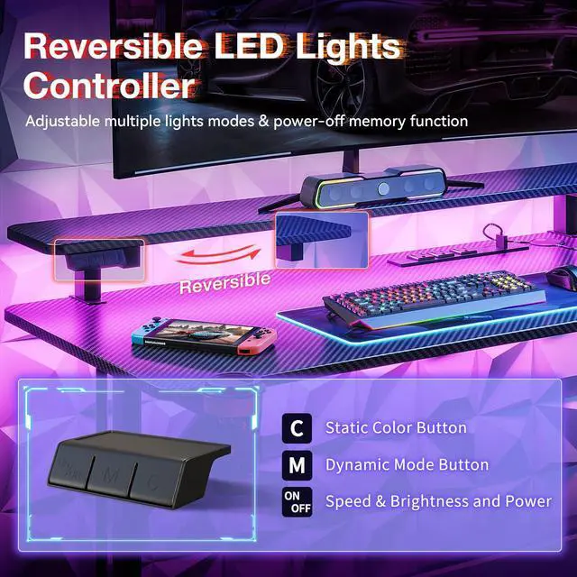 Alt view image 6 of 6 - 47 Inch Gaming Desk with LED Lights, Computer Desk Gaming Table with Monitor Shelf, Gamer Desk with Carbon Fiber Texture, Kids Boys Desk Gift for Men