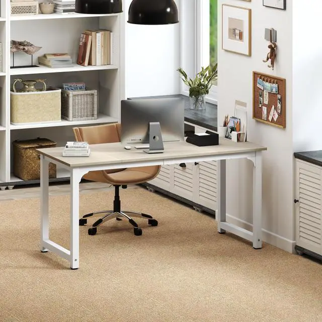 Alt view image 3 of 6 - Large Office Desk for Home Office, Large 63" Computer Desk Table, Wide Writing Study Desk for 2 Person, Metal Sturdy Frame Thicker Steel Legs, (White Oak, 63"L x 23.6"W x 29.5"H)