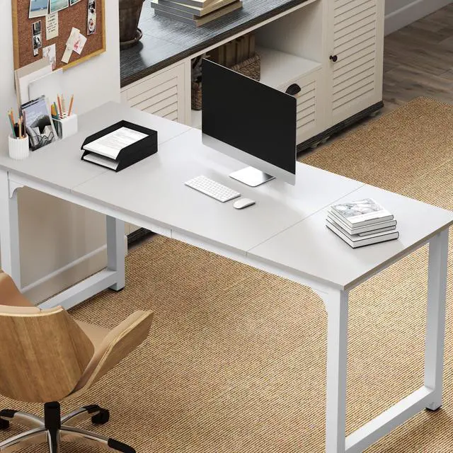 Alt view image 6 of 6 - Large Office Desk for Home Office, Large 63 Computer Desk Table, Wide Writing Study Desk for 2 Person, Metal Sturdy Frame Thicker Steel Legs,Warm White