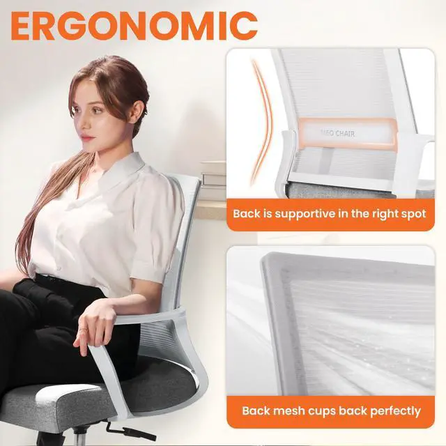 Alt view image 4 of 6 - Office Desk Chair Gaming Computer Chair Ergonomic Mesh Mid Back with Rolling Wheels Lumbar Support Comfy Swivel Adjustable for Home Grey