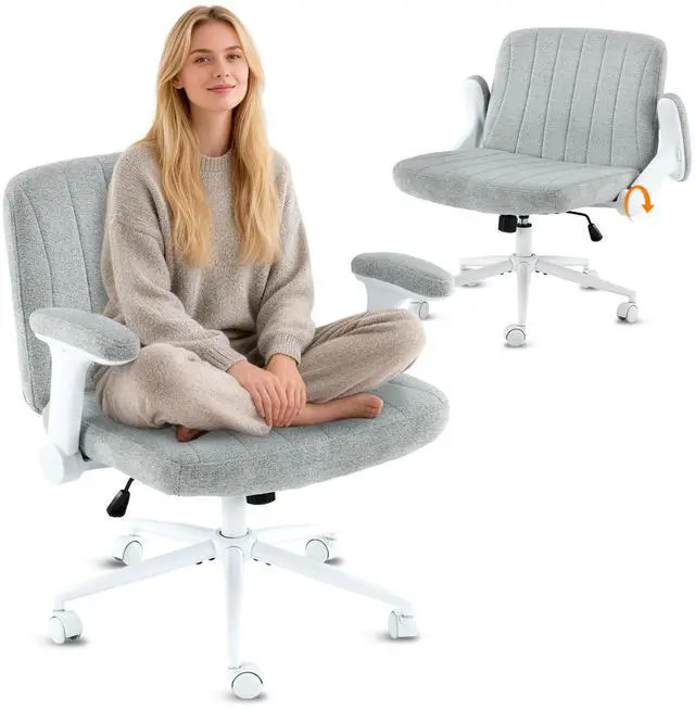 Main image of Criss Cross Chair with Adjustable Flip-Up Arms,Cross Legged Chair with Wheels, Extra Wide Office Chair,Cozy Desk Chair for Home Office, Vanity, Apartment,Chenille Velvet,Light Blue-Green