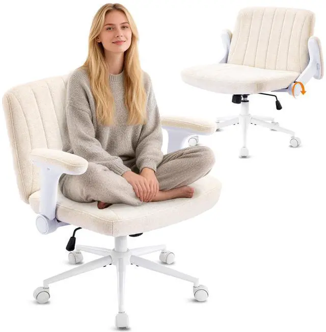 Main image of Criss Cross Chair with Adjustable Flip-Up Arms,Cross Legged Chair with Wheels, Extra Wide Office Chair,Cozy Desk Chair for Home Office, Vanity, Apartment,Chenille Velvet,Beige