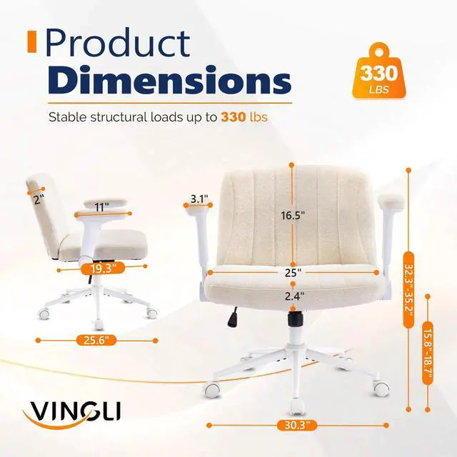 Alt view image 2 of 6 - Criss Cross Chair with Adjustable Flip-Up Arms,Cross Legged Chair with Wheels, Extra Wide Office Chair,Cozy Desk Chair for Home Office, Vanity, Apartment,Chenille Velvet,Beige