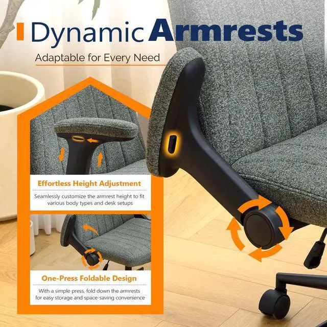 Alt view image 6 of 6 - Criss Cross Chair with Adjustable Flip-Up Arms,Cross Legged Chair with Wheels, Extra Wide Office Chair,Cozy Desk Chair for Home Office, Vanity, Apartment,Chenille Velvet,Dark Green