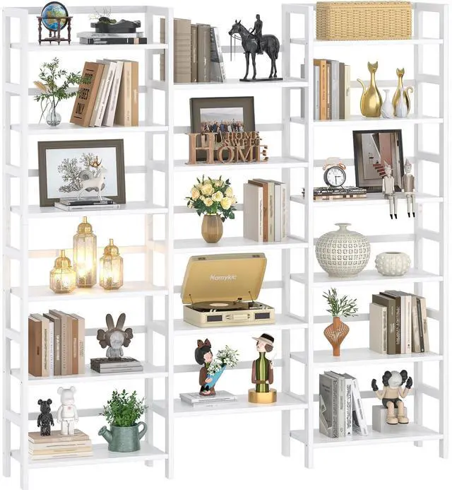 Main image of Bamboo Bookshelf, 71 Tall Triple Wide Bookcase with 17 Open Storage Shelves, 6-Tier Etagere with Back Rails, Large Display Shelf for Books, Plants, Home Office, Max Load 748LBS, White