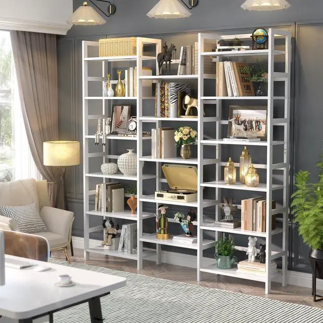 Alt view image 2 of 6 - Bamboo Bookshelf, 71 Tall Triple Wide Bookcase with 17 Open Storage Shelves, 6-Tier Etagere with Back Rails, Large Display Shelf for Books, Plants, Home Office, Max Load 748LBS, White