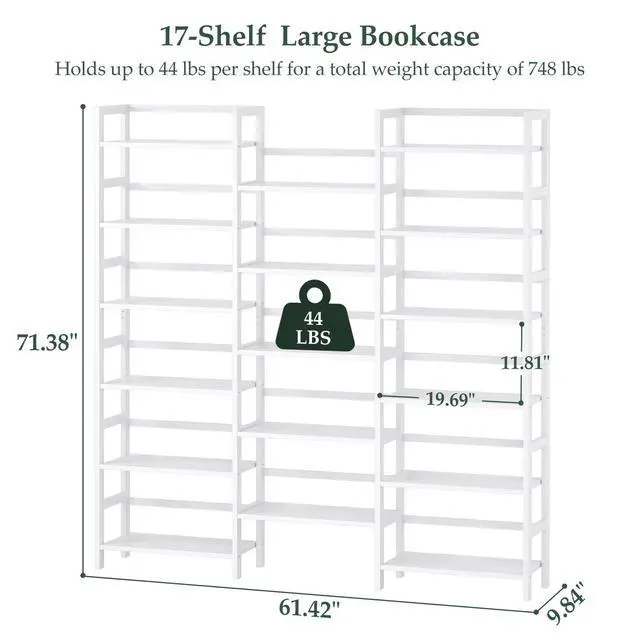 Alt view image 3 of 6 - Bamboo Bookshelf, 71 Tall Triple Wide Bookcase with 17 Open Storage Shelves, 6-Tier Etagere with Back Rails, Large Display Shelf for Books, Plants, Home Office, Max Load 748LBS, White