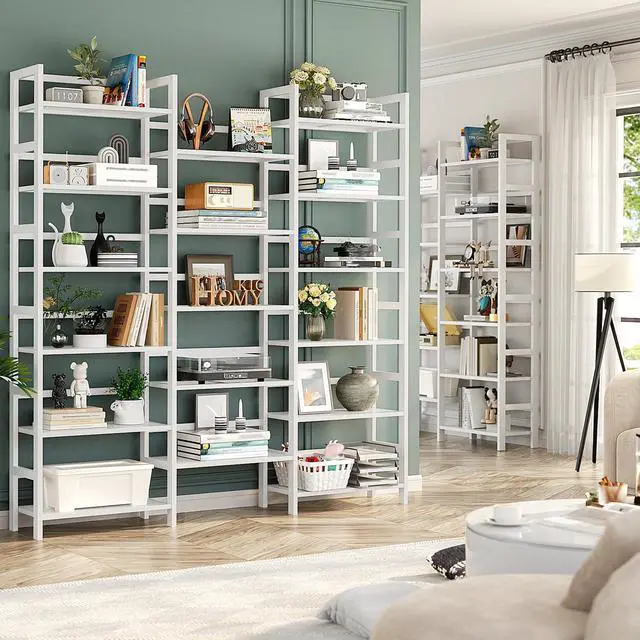Alt view image 4 of 6 - Bamboo Bookshelf, 71 Tall Triple Wide Bookcase with 17 Open Storage Shelves, 6-Tier Etagere with Back Rails, Large Display Shelf for Books, Plants, Home Office, Max Load 748LBS, White