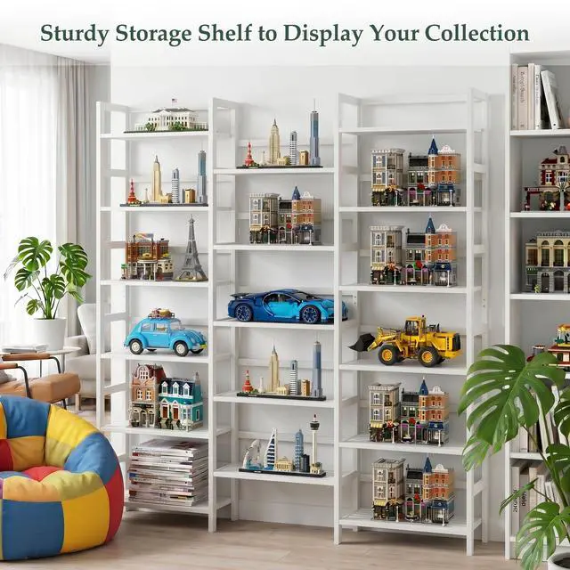 Alt view image 5 of 6 - Bamboo Bookshelf, 71 Tall Triple Wide Bookcase with 17 Open Storage Shelves, 6-Tier Etagere with Back Rails, Large Display Shelf for Books, Plants, Home Office, Max Load 748LBS, White