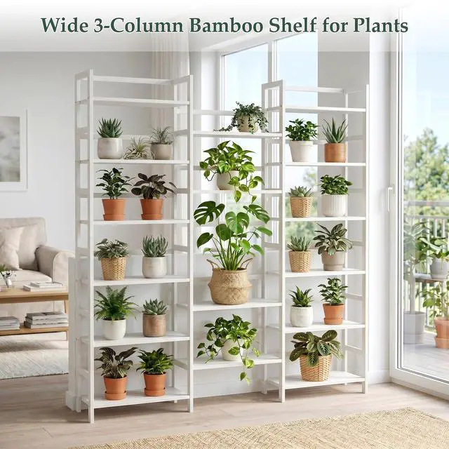 Alt view image 6 of 6 - Bamboo Bookshelf, 71 Tall Triple Wide Bookcase with 17 Open Storage Shelves, 6-Tier Etagere with Back Rails, Large Display Shelf for Books, Plants, Home Office, Max Load 748LBS, White