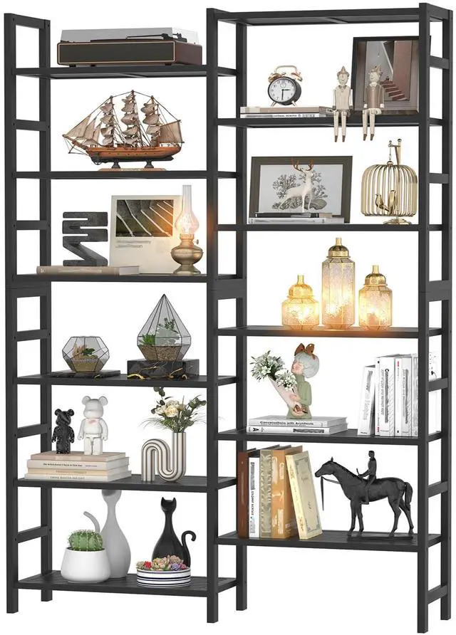 Main image of Double Wide Bamboo Bookshelf Black, 6-Tier Large Open Bookcase with 12 Display Shelves, 6ft Tall Freestanding Book Shelf for Home Office, Bedroom, Living Room, Plants