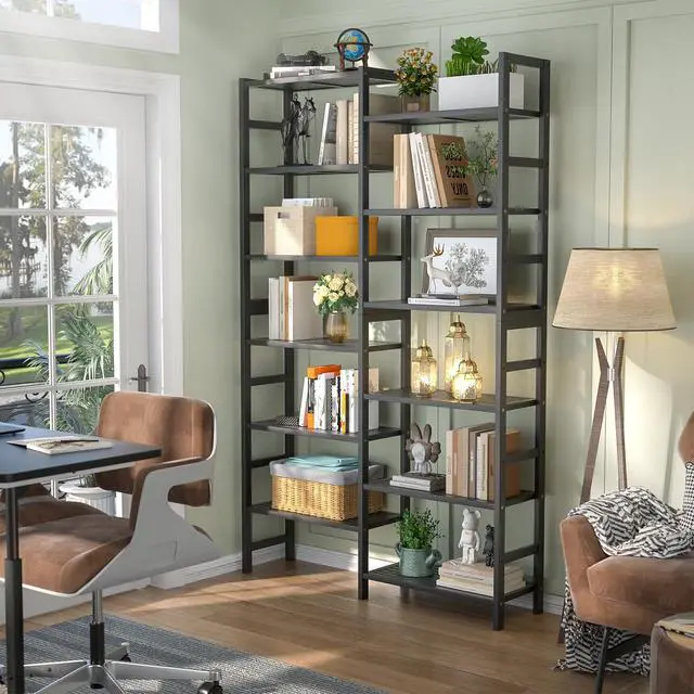 Alt view image 2 of 6 - Double Wide Bamboo Bookshelf Black, 6-Tier Large Open Bookcase with 12 Display Shelves, 6ft Tall Freestanding Book Shelf for Home Office, Bedroom, Living Room, Plants