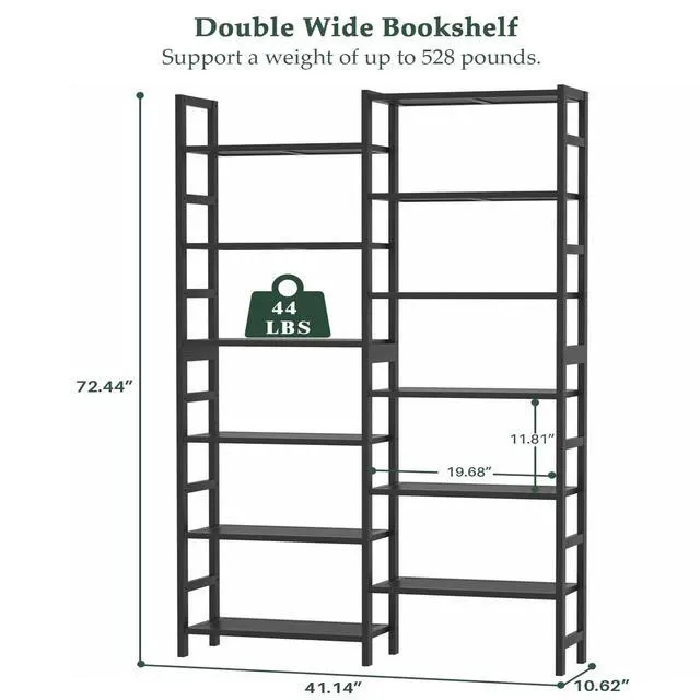 Alt view image 3 of 6 - Double Wide Bamboo Bookshelf Black, 6-Tier Large Open Bookcase with 12 Display Shelves, 6ft Tall Freestanding Book Shelf for Home Office, Bedroom, Living Room, Plants