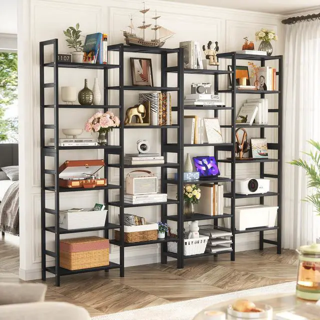 Alt view image 4 of 6 - Double Wide Bamboo Bookshelf Black, 6-Tier Large Open Bookcase with 12 Display Shelves, 6ft Tall Freestanding Book Shelf for Home Office, Bedroom, Living Room, Plants