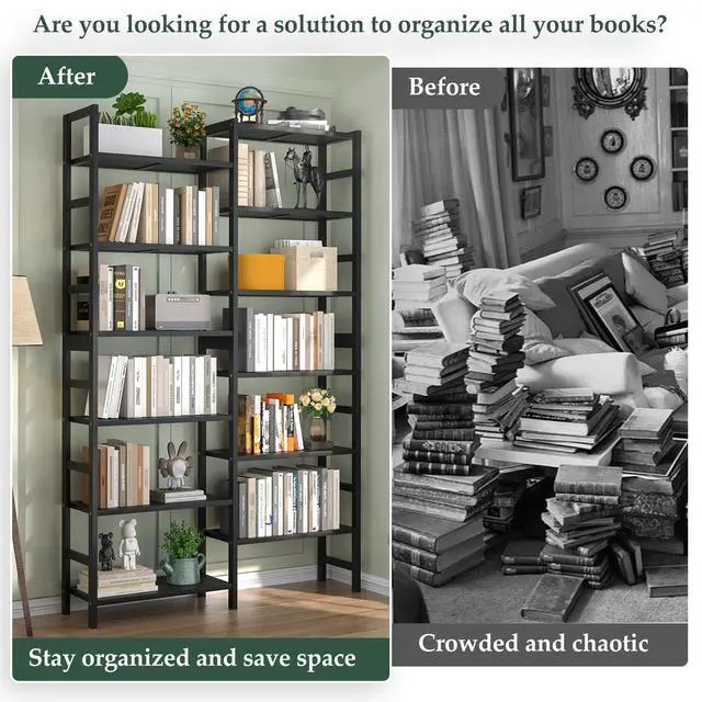 Alt view image 5 of 6 - Double Wide Bamboo Bookshelf Black, 6-Tier Large Open Bookcase with 12 Display Shelves, 6ft Tall Freestanding Book Shelf for Home Office, Bedroom, Living Room, Plants