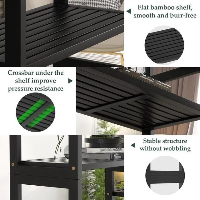 Alt view image 6 of 6 - Double Wide Bamboo Bookshelf Black, 6-Tier Large Open Bookcase with 12 Display Shelves, 6ft Tall Freestanding Book Shelf for Home Office, Bedroom, Living Room, Plants
